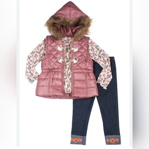 HOODED PUFF VEST FLORAL DENIM 3pc SET